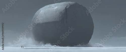 Gigantic boulder looms, two figures stand on flat ground, foggy gray landscape