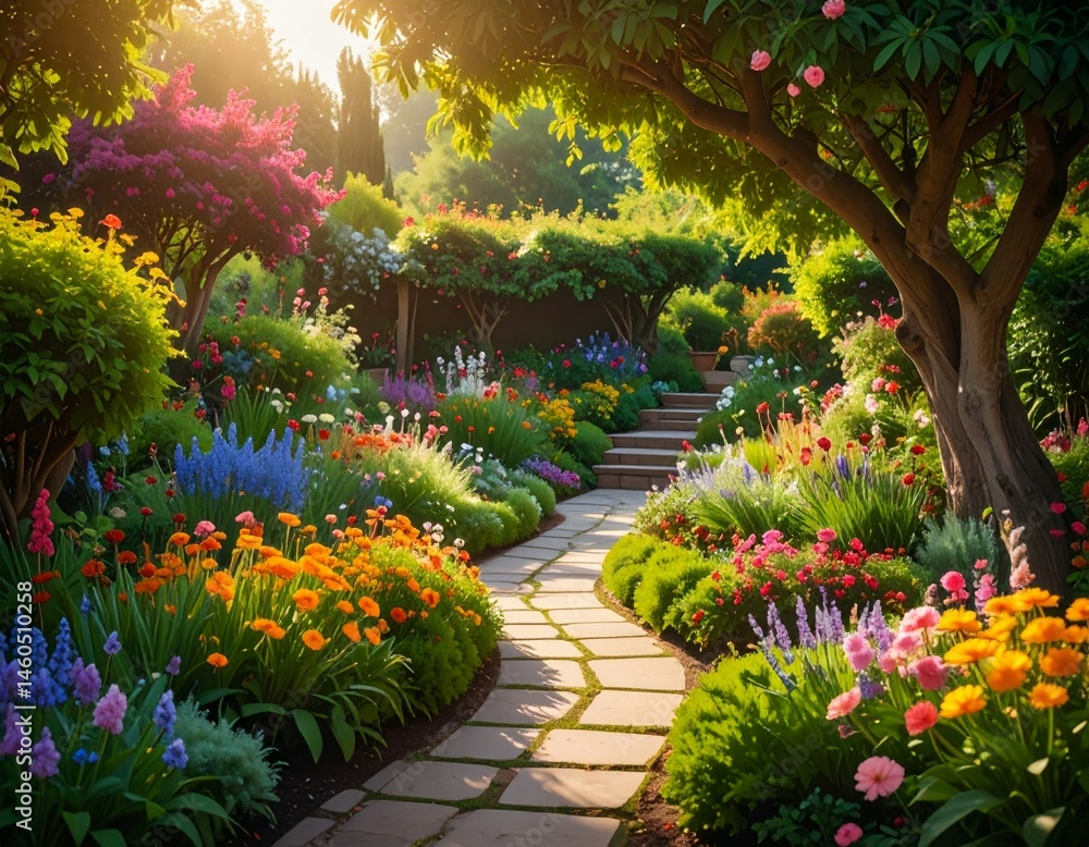 Obraz premium Lush Flower Garden Pathway Surrounded by Vibrant Blossoms and Foliage