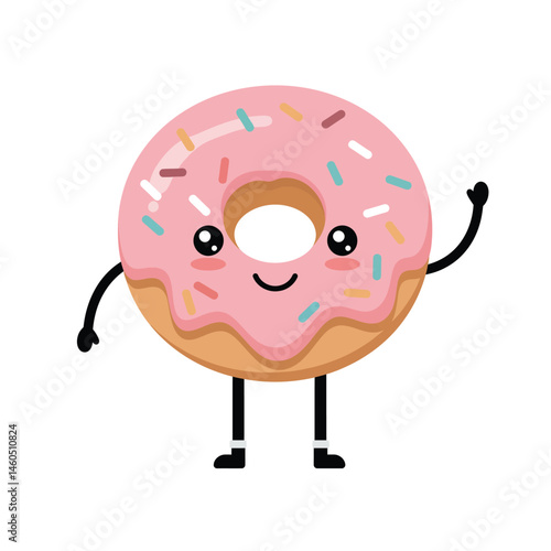 Cute happy pink frosted donut with colorful sprinkles cartoon character waving hand vector illustration 