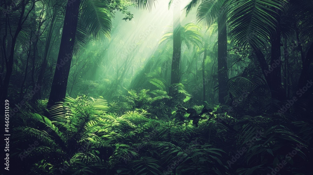 Fototapeta premium Enchanted dark rainforest with sunlit trees