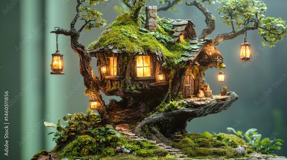 Fototapeta premium Enchanting miniature dwelling nestled within a mystical tree.