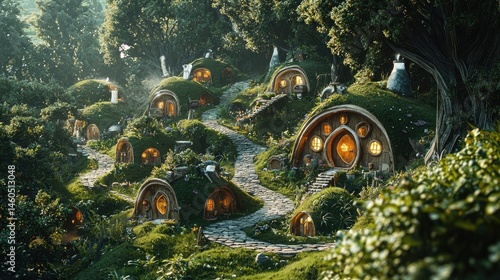 Lush, rolling hills of hobbit homes in a hidden valley.