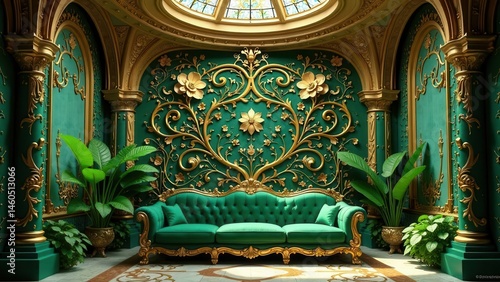 Opulent Emerald Room Interior with Gilded Accents and Lush Greenery Featuring a Luxurious Velvet Sofa