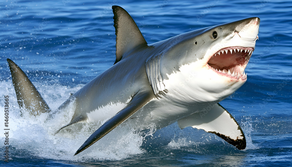 Fototapeta premium Powerful great white shark breaching the ocean surface, jaws open wide. Dramatic wildlife photography.