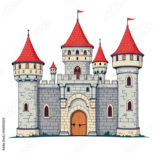 Vsai medieval stone castle with red roofs and flags waving in the wind