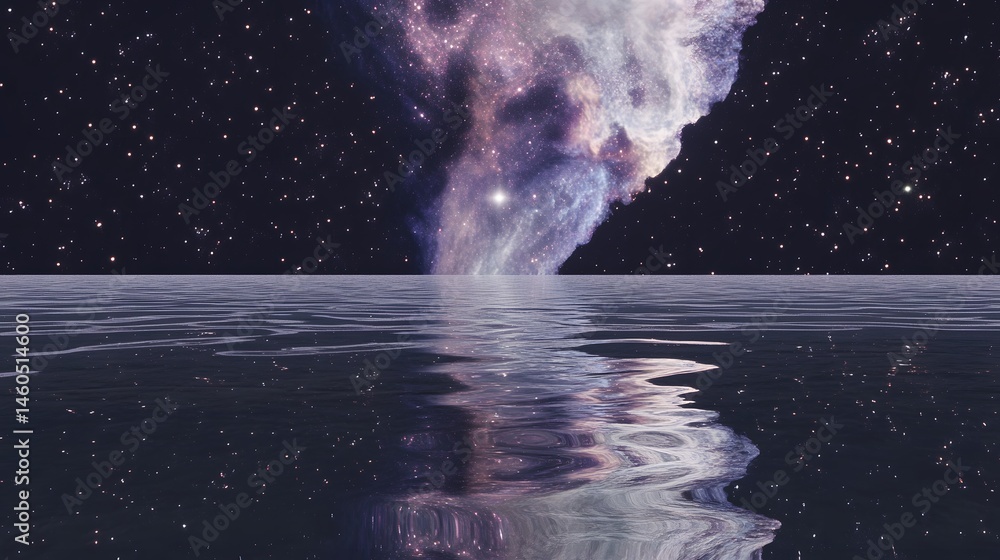Fototapeta premium Cosmic nebula reflected in a tranquil water surface.