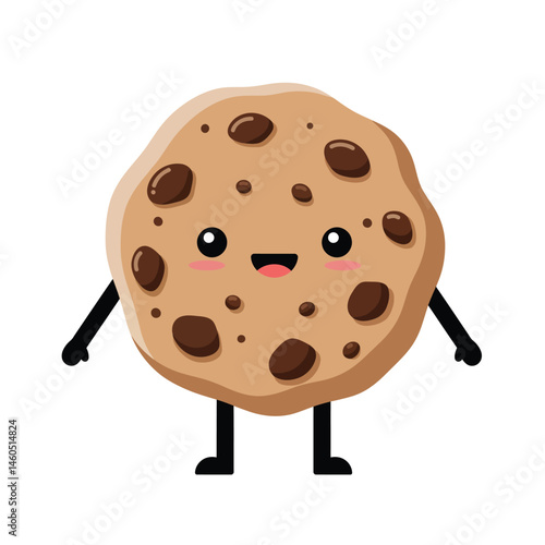 Cute chocolate chip cookie character with smiling face and arms in cartoon style vector illustration 