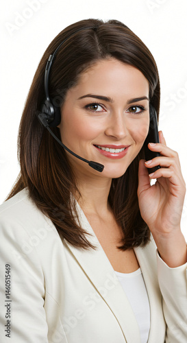 Smiling woman with headset holding phone in a white blazer on a white background in a studio shot