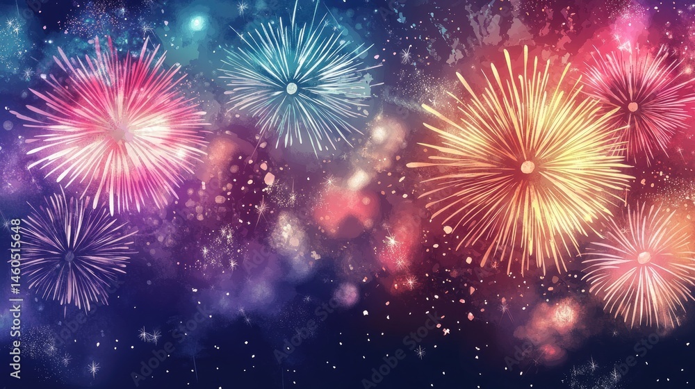 Fototapeta premium Vibrant fireworks illuminate the night sky over a serene landscape. creating a celebratory atmosphere filled with colorful bursts and a backdrop of twinkling stars
