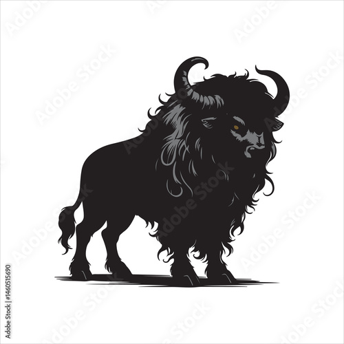 Fantasy Bison Beast — Full-Body Black and White Line Art Illustration