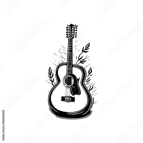 Acoustic guitar illustration surrounded by botanical elements in black and white