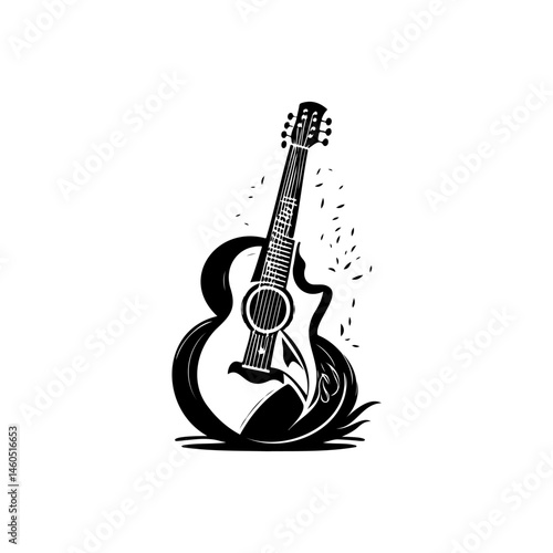 Abstract acoustic guitar artwork featuring monochrome illustrative embellishments