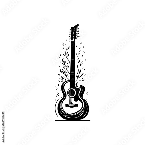 Acoustic guitar silhouette adorned with delicate floral sprigs and swirling lines