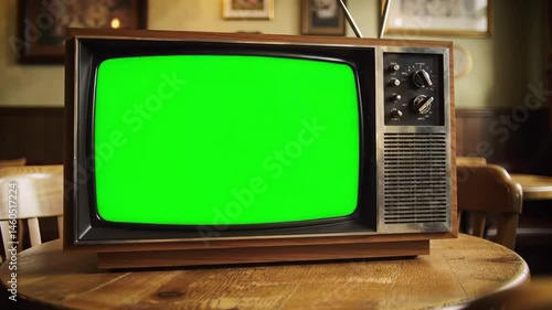 Retro Vintage TV with Green Screen on Wooden Table in Cozy Room