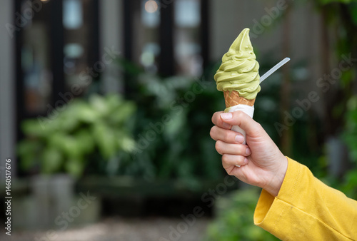 Obraz na płótnie Cropped shot view of someone holding a green tea ice cream. Ice creams are dairy-based frozen foods usually consumed as snacks or desserts. w salonie
