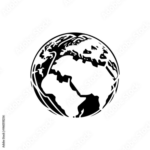 Stylized world representation with prominent continental silhouettes and dark ocean