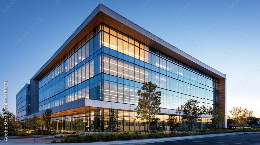 Fototapeta premium Contemporary office tower bathed in soft evening light, clean glass surfaces reflecting the clear sky, leaving room for copy space. 