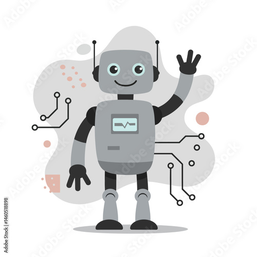 Friendly grey robot waving hand with antennae and circuit background in vector illustration