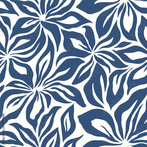 Artistic floral background. Decorative botanical seamless pattern with silhouette shapes of leaves and flowers. Artisanal allover print, vector wallpaper, for fabric, textile, paper, package