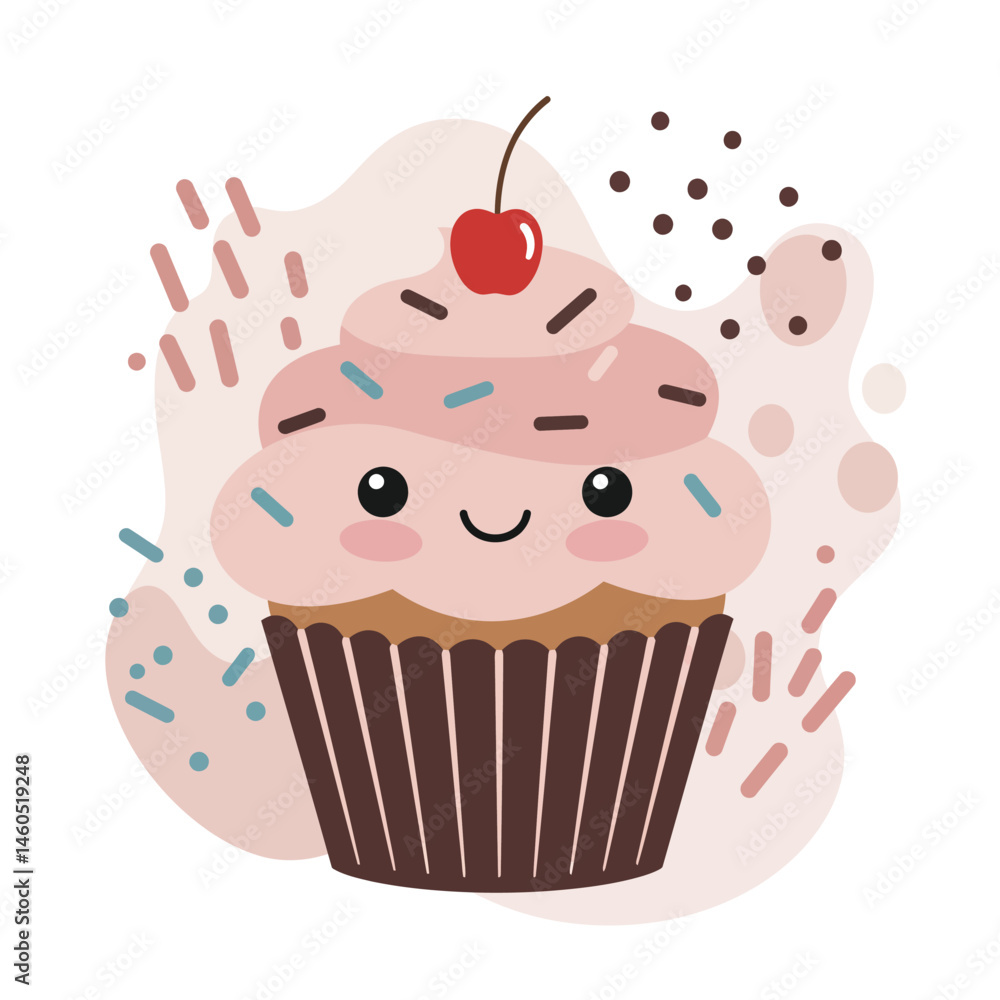 Cute smiling cupcake with pink frosting cherry and colorful sprinkles cartoon illustration for bakery and dessert design Cute smiling cupcake with pink frosting cherry and colorful sprinkles cartoon illustration for bakery and dessert design