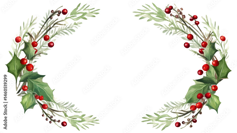 Naklejka premium Elegant Green Leaves and Red Berries Round Frame for Christmas Decorations