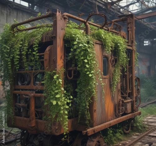 Overgrown vines on rusted machinery in a forgotten factory,  dark ambient,  grunge,  neglect
