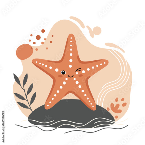 Starfish cartoon character winking on rock with decorative abstract shapes and seaweed vector illustration 