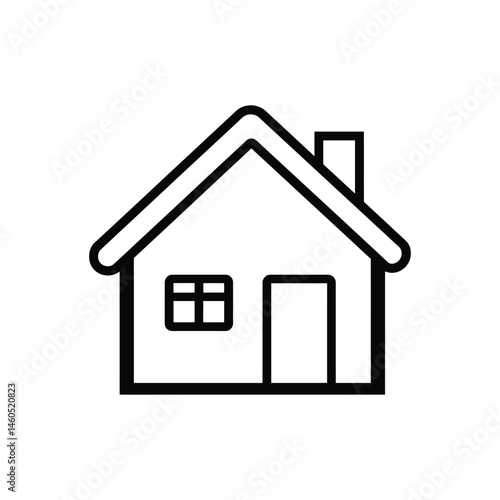 House Icon Simple Black Line Style with Roof, Chimney, Door, and Window
