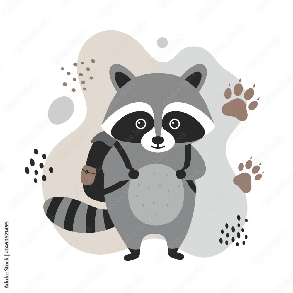 Naklejka premium Cute raccoon with backpack illustration in neutral colors standing with paw prints background vector design 
