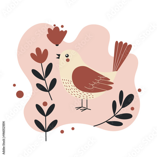 Small bird perched among red flowers and leaves in simple nature vector illustration 