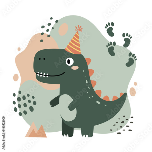 Cute dinosaur wearing party hat with footprints and abstract shapes in muted colors vector illustration 