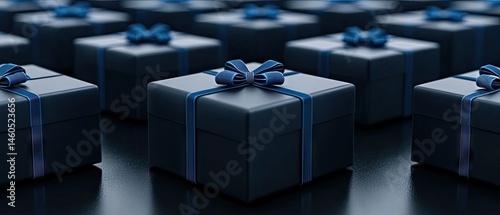 Rows of dark square gift boxes with blue ribbons and bows on a dark shiny surface