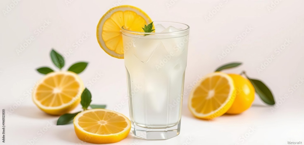 Crystal-clear glass of iced lemonade, lemon slices, white background, yellow, background Crystal-clear glass of iced lemonade, lemon slices, white background, yellow, background