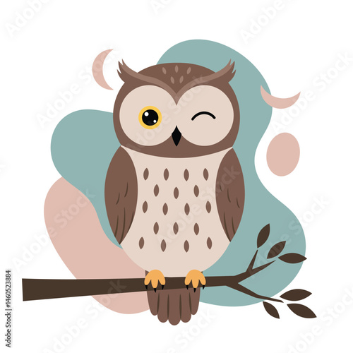 Cute brown owl winking perched on branch with abstract background vector illustration 