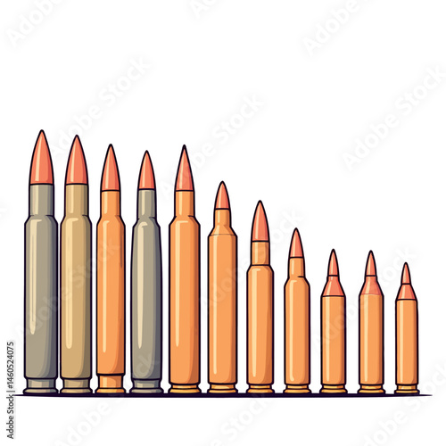 Vsai different types of bullets for rifles and handguns standing in decreasing order of size