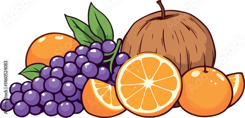 Vsai sliced orange, coconut, tangerines and grapes creating vibrant still life