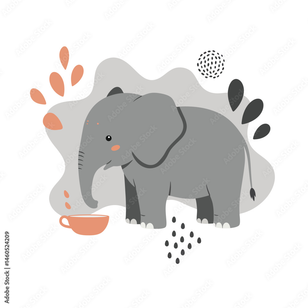 Fototapeta premium Cute baby elephant drinking from cup surrounded by abstract shapes vector illustration 