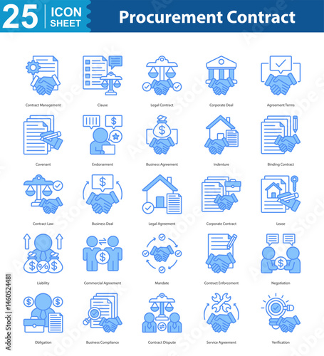 Procurement Contract icon sheet vector contract management, clause, legal contract, corporate deal, agreement terms, covenant, endorsement, business agreement, indenture, binding contract