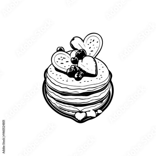 Delicate Monochrome Illustration of Stacked Pancakes Adorned with Berries and Hearts