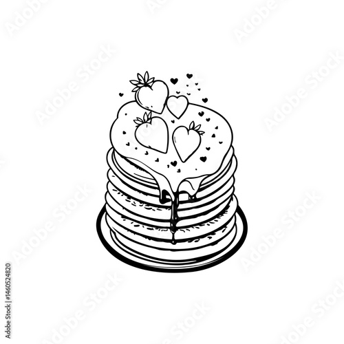 Hand-drawn stack of pancakes with heart-shaped strawberries and syrup drizzle