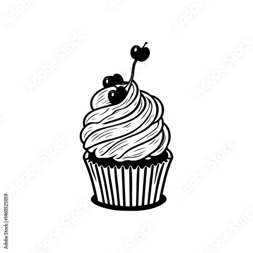 Elegant monochrome cupcake design with abstract swirl frosting and berries topping