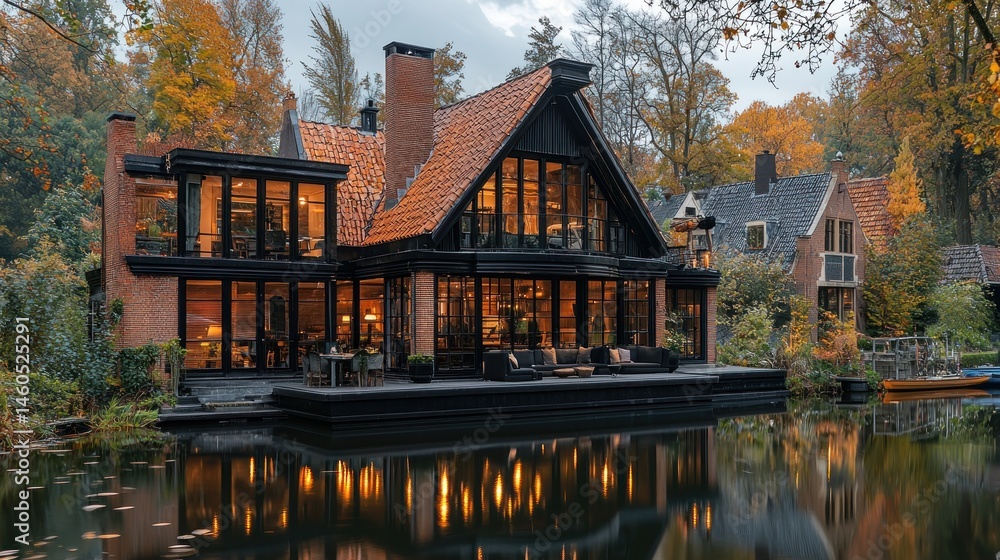 Obraz premium Modern house on a canal, autumn colors. Spacious, contemporary home with dark exterior and warm interior light reflected in the water. Fall foliage surrounds the property