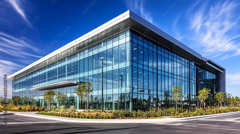 Obraz premium Expansive glass curtain wall on a contemporary office building, sharp architectural design reflecting the sky, bright daylight emphasizing clarity. 