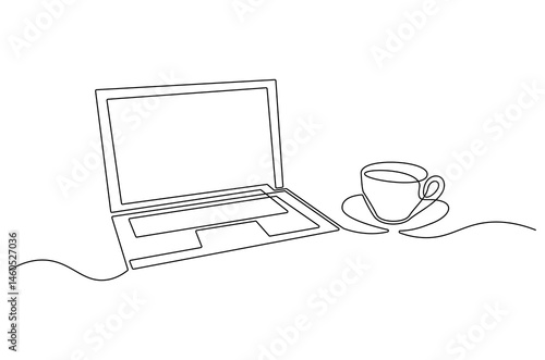 Continuous one line drawing of Laptop and a cup of coffee or tea. Single line drawing illustration of Laptop and cup coffe. Relax concept vector art. Doodle line illustration.