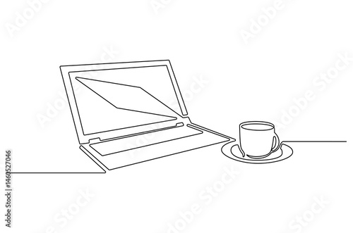 Continuous one line drawing of Laptop and a cup of coffee or tea. Single line drawing illustration of Laptop and cup coffe. Relax concept vector art. Doodle line illustration.