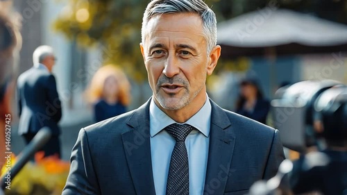 Sophisticated Interview: Charismatic Leader Shares Insights with the Media Outdoors