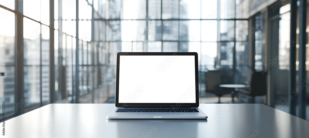 Fototapeta premium High-Rise Office Setting With a Laptop and Transparent PNG Cutout Screen in the Foreground Background