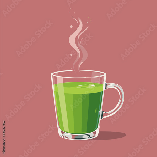 Steaming Cup of Matcha Green Tea, Vibrant Illustration