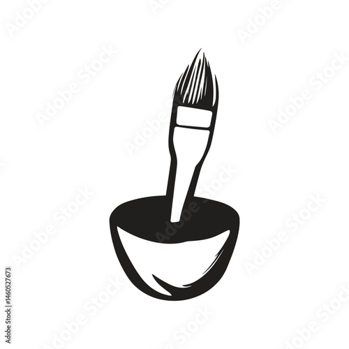 Ink Brush Dipped in Bowl, Monochromatic Art Tool on Transparent Background Design