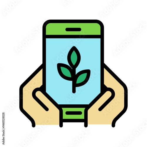 Smart farm icon with farmer using smartphone app to manage agriculture via IoT. Vector concept showing smart agriculture, wireless farming, and modern technology in industrial food production.